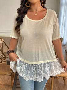 SHEIN LUNE Blusa de encaje con estilo chino para mujer de talla grande, para fiestas/casual, primavera/verano, Día de San Patricio, Pascua - Albaricoque - Ver 3