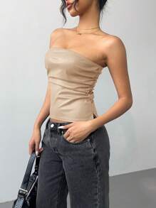 SHEIN Essnce 新年和情人节女士勃艮第皮革上衣时尚褶皱不对称下摆抹胸，适合外出和派对上衣，新年女装 - 杏色 - 查看 3