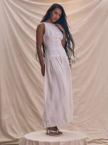 MUSERA Sleeveless Linen Look Button Up Drop Waist Maxi Dress Summer Holiday Sundress