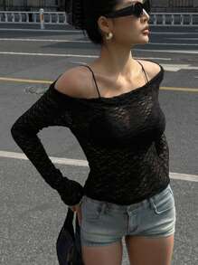 DAZY 女式蕾丝透视不对称肩部衬衫，春夏长袖女式上衣，秋季女装