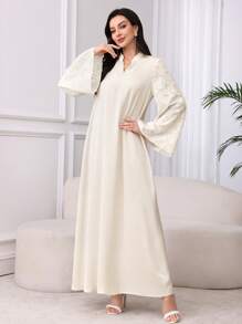 Al Najma 勃艮第红色女士 V 领喇叭袖仿珍珠装饰优雅阿拉伯连衣裙，优雅朴素的华丽束腰外衣阿拉伯连衣裙，适合晚会/休闲日常 - 香檳色 - 查看 5