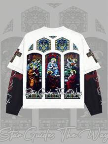 ROMWE MEN Goth Men's Religious Round Neck 2 In 1 Letter Print Long Sleeve T-Shirt - White - View 1
