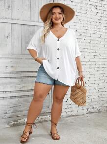 SHEIN CURVE+ Women Plus Size V-Neck Batwing Sleeve Loose Casual Blouse, Summer Top