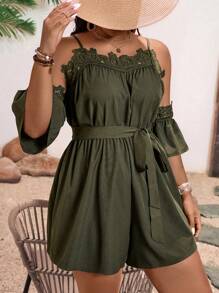 Breezaya 大码假日休闲纯色蕾丝拼布露肩带连体裤 - 軍綠色 - 查看 7