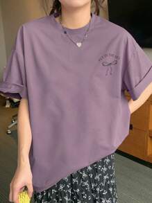 DAZY 女士夏季宽松休闲圆领蝴蝶结印花短袖T恤可爱上衣超大码T恤，图案T恤 - 紫色 - 查看 3