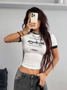 Coolane 女士街头风格酷白上衣，带字母印花的篮球运动衫设计，撞色饰边和纹理面料，修身夏季 T 恤，青春是勇敢、大胆和冒险的时候，不要等待机会，自己创造机会，冒险保持狂野，自由精神是跟随他们的心和直觉的人，不怕冒险，追求他们的梦想，相信
