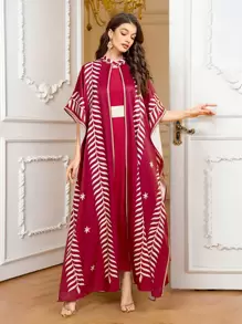 SHEIN Wine Red Women's Elegant Printed Long Dress With Long Jacket And Belt, 3-Piece Set,Modest - Burgundy - View 5