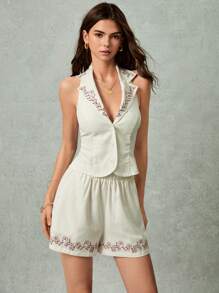 Poéselle 2pcs/Set Women Floral Pattern Lapel Neck Halter Top And Shorts Set - White - View 3