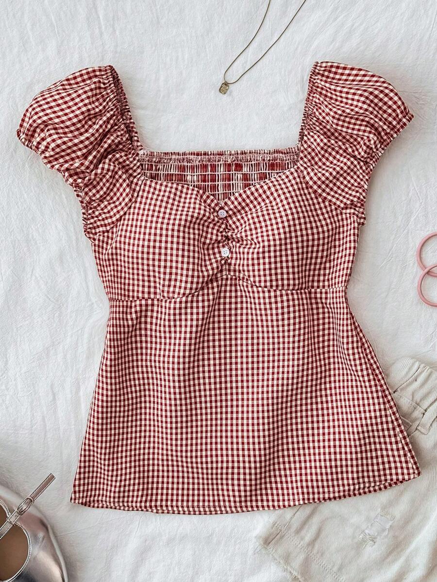 SHEIN TEENGIRL Burgundy Retro Plaid Ruffle Trim A-Line Top, College Casual Style