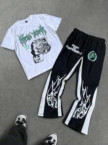 Manfinity Roghcode 火焰印花青春休闲男士T恤套装，是送给男朋友或老公的绝佳礼物。男士青春街头INS风T恤套装，白色T恤上的骷髅印花与绿色字体相得益彰，黑色长裤上点缀着夸张的火焰图案。整体造型酷炫前卫，街头时尚气息十足。 - 黑與白 - 查看 3