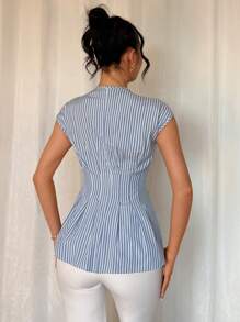 SHEIN Unity Women's Striped Pleated Hem V-Neck Casual Elegant Fashion Blouse - Blue - View 2