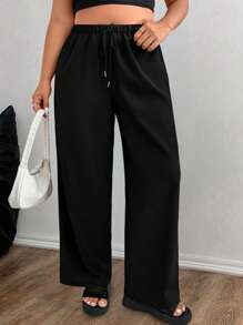 SHEIN LUNE Pantalones largos informales minimalistas de diseño arrugado para mujer de talla grande