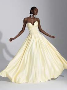 Elitara Elegant Light Yellow Strapless & Adjustable Lacing Waist Maxi With Oversized Flare Hem Dress, Versatile For Dating, Vacation, Party, Formal Occasions, Butter Yellow Dress, Gown, For Evening, Wedding Guest