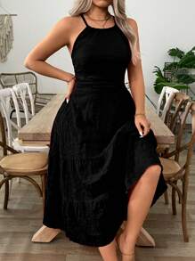 SHEIN Clasi Plus Size Women Solid Color Criss-Cross Back Casual Cami Dress - Black - View 5