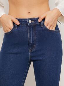 SHEIN Unity 高腰喇叭牛仔裤夏季修身裤 90 年代弹力牛仔裤舒适塑身西部音乐会音乐节优雅度假春假早午餐休闲音乐节服装女士 - 深色水洗藍 - 查看 6