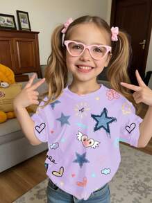 SHEIN Young Girl Casual Simple Round Neck Short Sleeve T-Shirt, Suitable For Summer - White - View 1