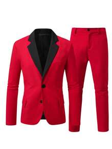 Manfinity Mode Bộ vest 2 mảnh cỡ lớn cho nam, ve áo màu tương phản cổ dài tay và quần vest dạ hội cho nam vest chất lượng cao vest dạ hội cho nam vest thường ngày cho nam - Đỏ - Xem 3