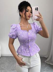 Elenzga Áo sơ mi tay giám mục cổ chữ V thời trang mới dành cho nữ, vải có họa tiết, thiết kế viền nhún bèo, đa năng khi đi làm, tụ tập và hẹn hò - Thanh lịch, trẻ trung và thon gọn - Màu tím - Xem 4