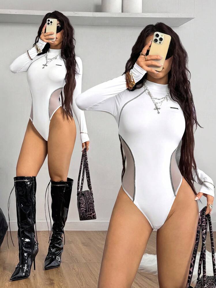 Coolane Mono ajustado negro de manga larga con cremallera, tejido básico y de malla, estilo Y2K para mujer en temporada de otoño/invierno - Blanco - Añade 6