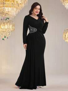 Modelyn Đầm thanh lịch cổ chữ V tay dài đính đá trang trí eo cỡ lớn cho nữ - màu đen - Xem 6