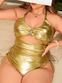 SHEIN Swim Curve 1pc Plus Size Simple Basic Metal Pu One-Piece Swimsuit, Summer