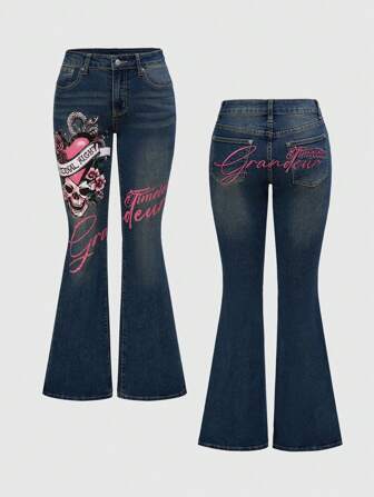 Grunge Punk Damen Y2K Stil Vintage Skelett- & Herz-Grafiken bestickte Buchstaben Stretchhose mit Schlag, Sommeroutfit
