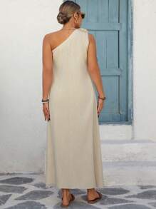 SHEIN Clasi 大码女式波西米亚风春夏西式优雅宽松休闲度假法式连衣裙，亚麻面料无袖长裙，收腰，花卉装饰，侧开衩 - 杏色 - 查看 2