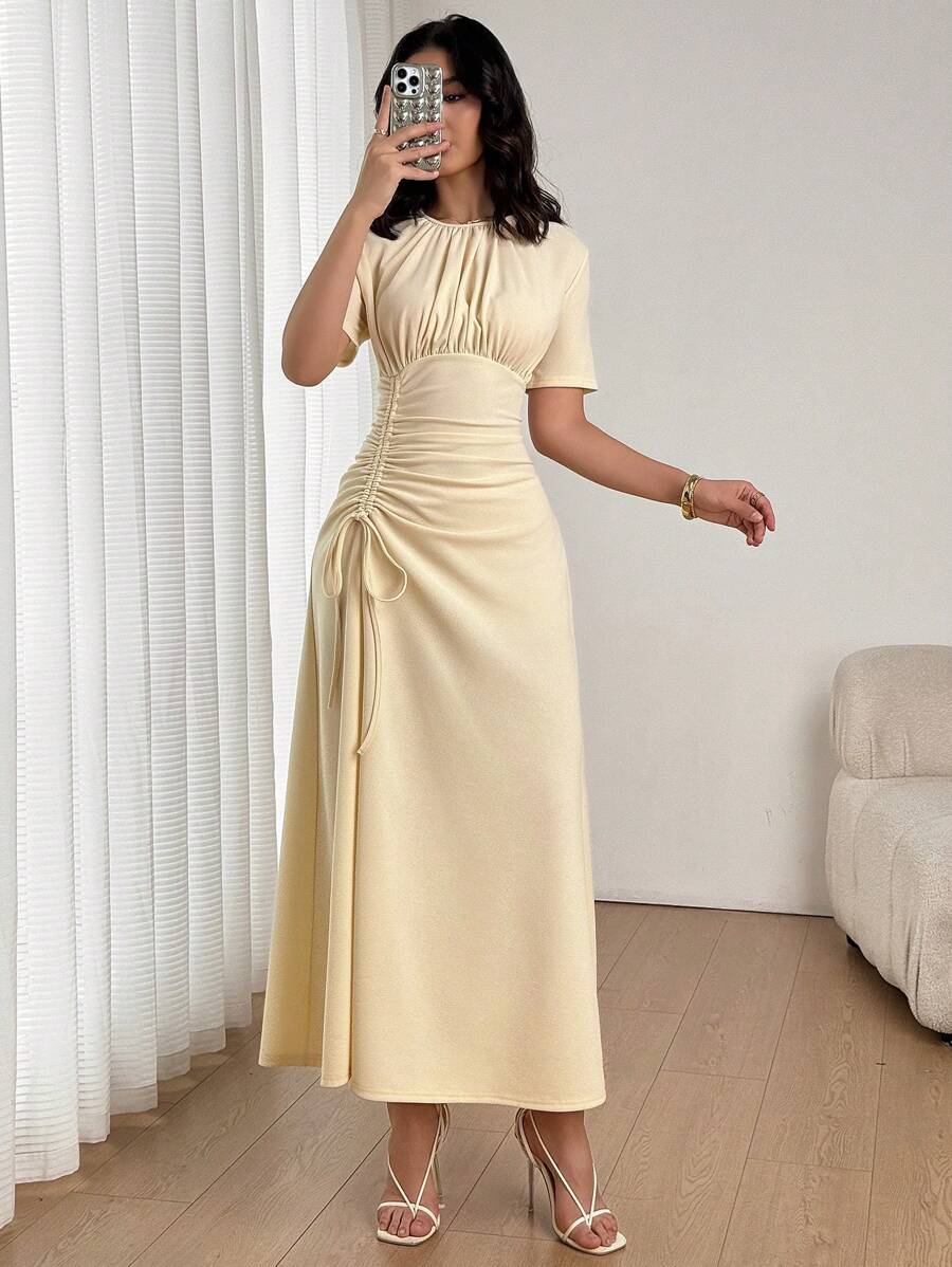 Firerie 女款優雅淡黃色夏季早午餐長洋裝,圓領短袖百褶腰抽繩端莊休閒通勤裙,復活節適用 - 杏色 - 查看 1