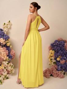 SHEIN Belle Women Solid Color Hollow Minimalist Elegant Bridesmaid Dress, Suitable For Summer (Adult) - Yellow - View 2