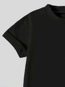 SHEIN Bộ 2 áo thun cổ tròn tay ngắn họa tiết tối giản thường ngày cho bé gái và quần túi hộp, phù hợp cho mùa hè - màu đen - Xem 7