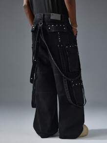 NEON BLANC 男士街头时尚铆钉宽松 3D 口袋拉链独特牛仔裤，街头服饰 - 黑色 - 查看 3