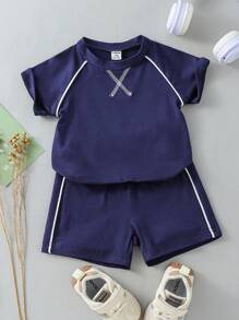 Baby Boy Toddler Sports Simple Color-Blocking Solid Color Raglan Sleeve T-Shirt And Shorts Set, Suitable For Summer - Royal Blue - View 1