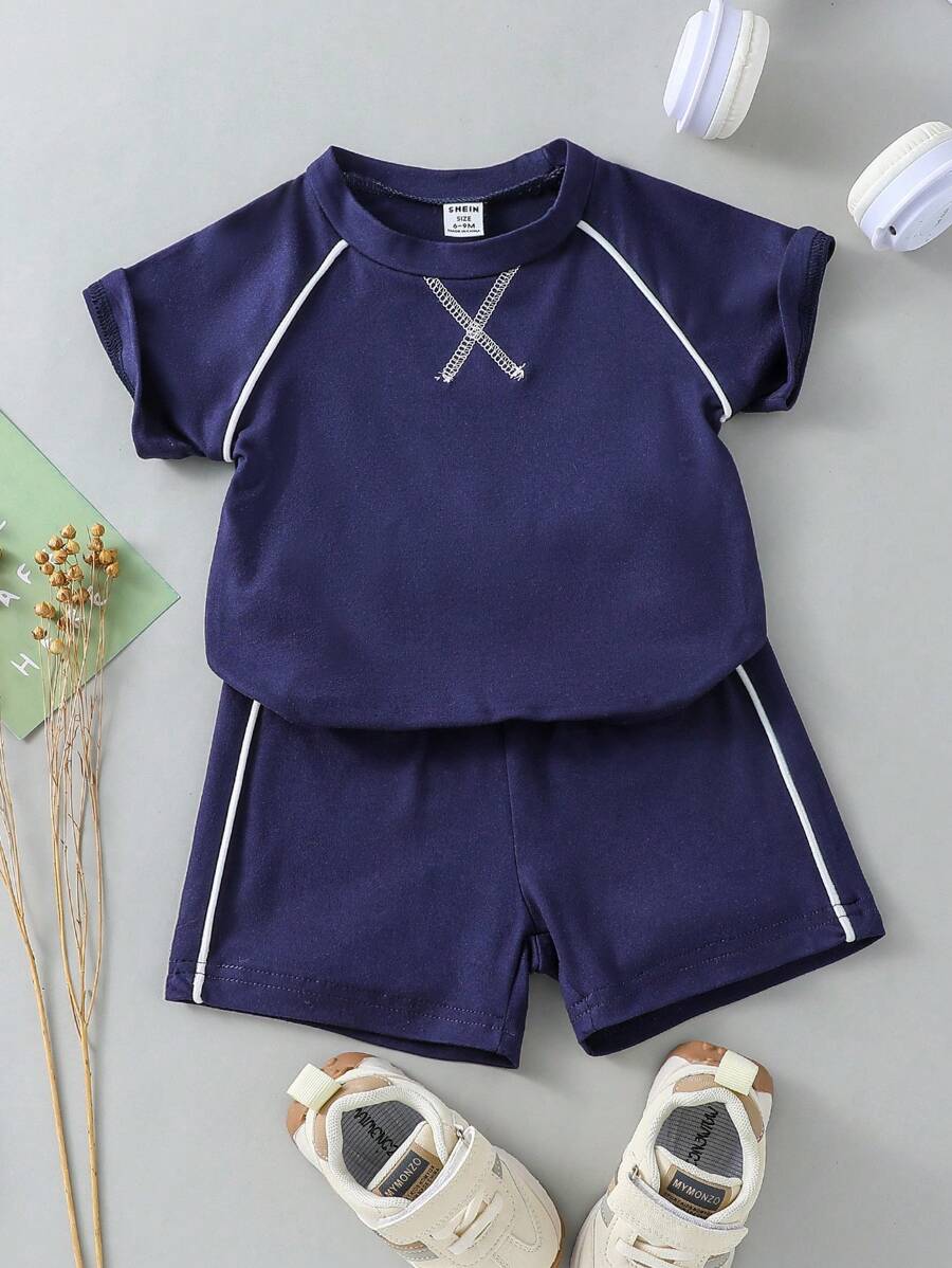 Baby Boy Toddler Sports Simple Color-Blocking Solid Color Raglan Sleeve T-Shirt And Shorts Set, Suitable For Summer - Royal Blue - View 1