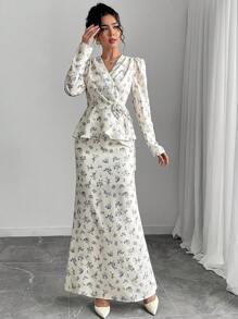 Modelyn 2pcs Women Ditsy Floral Long Sleeve Blouse And Midi Skirt Set, Elegant Holiday Outfit