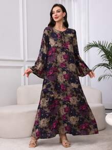 Al Najma Cotton Floral Print Lace-Up Collar Comfortable Dress,Modest - Purple - View 5