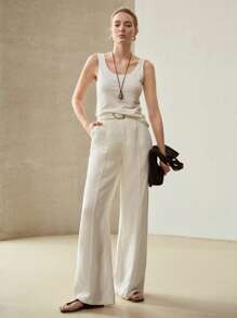 MOTF PREMIUM LINEN PRESS CREASE BELTED SUIT PANTS - Beige - View 7