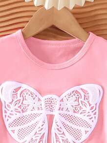 女童休闲时尚蝴蝶结印花圆领修身短袖百搭 T 恤 - 粉色 - 查看 4