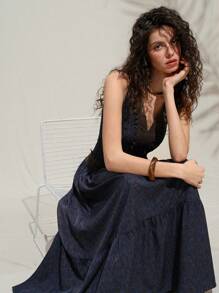 Arave Women's High-Quality Lace Splicing V-Neck Sleeveless Dress, Suitable For Vacation And Commuting,Summer Outfits For Women,Dresses For Women,Vacation Outfits Woman,Summer Dress,Beach Outfits For Woman,Floral Dress,Sundress - Navy Blue - View 3