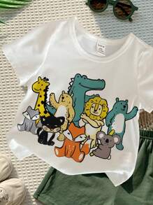 Baby Boy Casual Minimalist Cartoon Print Short Sleeve Shorts Set, Suitable For Summer