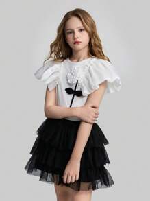 Ontre Minimalistisches, vielseitiges Mode-Top für Tween-Mädchen für die Hochzeitssaison, elastisches, figurbetontes T-Shirt mit Rundhalsausschnitt, kurzen Puffärmeln und mehrlagigem Blumendekor für lässiges Tragen im Freien und drinnen, Frühling/Sommer - Weiss - Übersicht 2