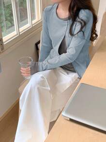 DAZY 女士撞色长袖二合一斜前圆领蝴蝶T恤，秋季服装