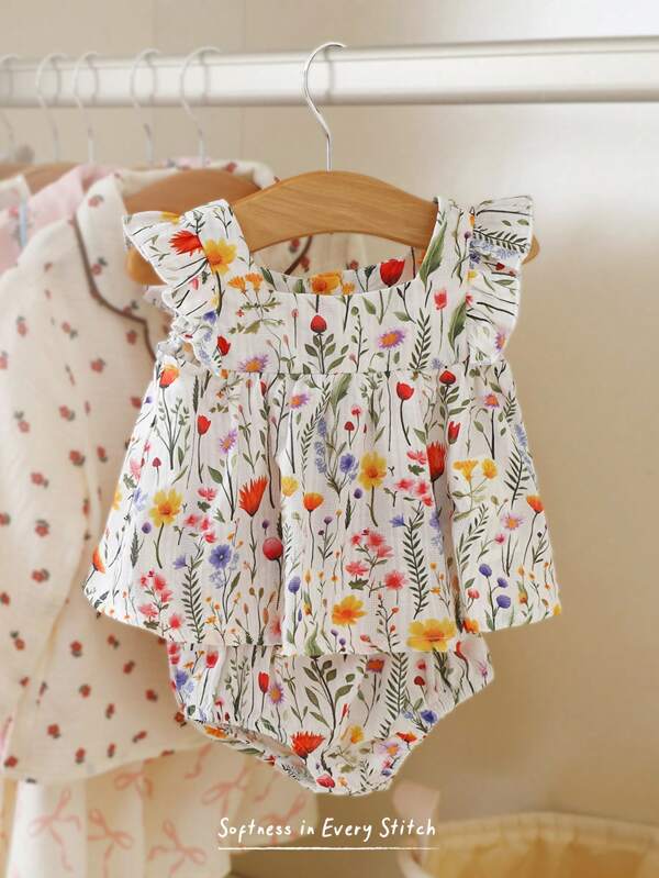 Cozy Pixies Nou-Nascuta Fetita Imprimeu Floral Decolteu Rotund Volanat Top Și Pantaloni Scurt Cu Talie Elastică 2 Piese