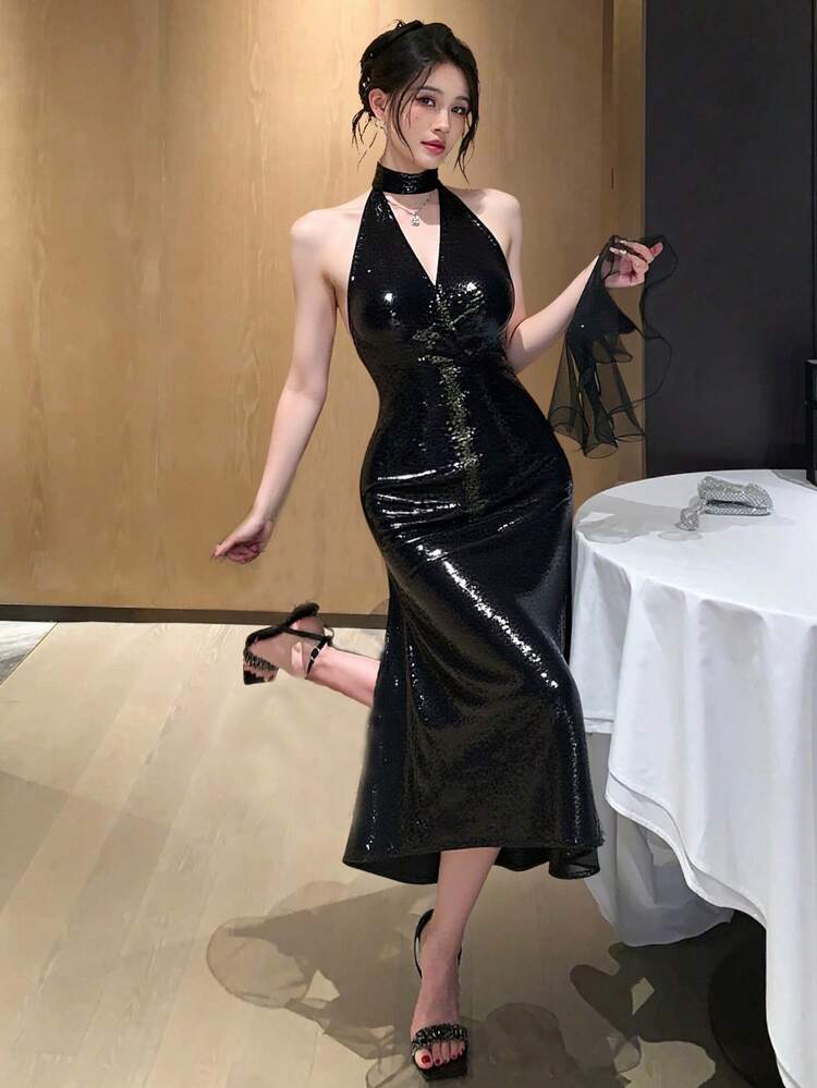 Sequin Backless Bodycon Midi Dress For Wedding Party, Sexy Halter Tie Closure Formal Gowns Prom Dress Party Women Sundress Homecoming Dresses Luxury Elegant Women Dresses New Year Eve Dress Carnival Sparkly Dress