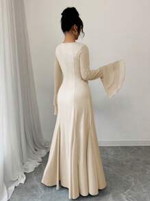 Rafferiza Blue Square Neck Layered Ruffle Sleeve Dress For Women Fall Cloth For Women - Apricot - View 2