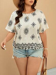 Elaquor Oversize Damen Urlaubs Bluse mit Blume Muster und Kurzarm, Lässig