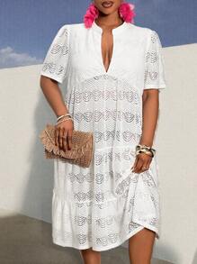 Slaydiva Romantisch & süß & Urlaub & lässiges Große Größen Damen V-Ausschnitt Cut Out Puffärmel A-Linie Mini locker sitzendes Kleid - Weiss - Übersicht 5