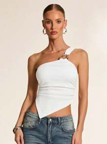 Glamine Parte superior de punto con anilla metálica y dobladillo asimétrico para mujer, adecuada para salidas, fiestas, reuniones y conciertos