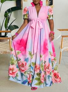 Slaydiva Plus Size Women's V-Neck Twist Knot Puff Sleeve Tie Belt Floral Print A-Line Dress, Vacation & Romantic & Formal & Elegant, Spring/Summer,Beach Dress Sundress,Holiday Outfits Boho - Multicolor - View 4