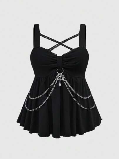 Gothic Punk Asymmetric Hemline Chain Cross Decor Ladies Camisole And Tank Top