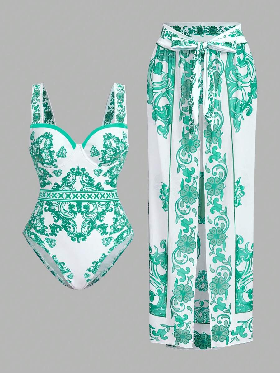 SHEIN Swim Boho Luxe Palace Print Ruffle Sleeve Premium One Piece Swimsuit Set - Mint Green - View 1